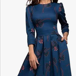 Simple Flavor Women's Floral Evening Flare Vintage Midi Dress 3/4 Sleeve